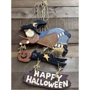 Halloween Witch Black Cat Painted Wood Decor Folk Art Wall Hanger